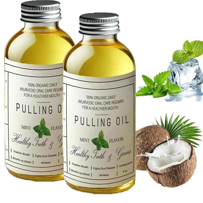 Coconut Oil Pulling for Teeth Whitening-Cocofresha Powerful Organic Coconut Peppermint Pulling Oil for Teeth and Gums, Pure Mouthwash Mint Freshness, Natural Cleanse, 4 Oz (2) 2