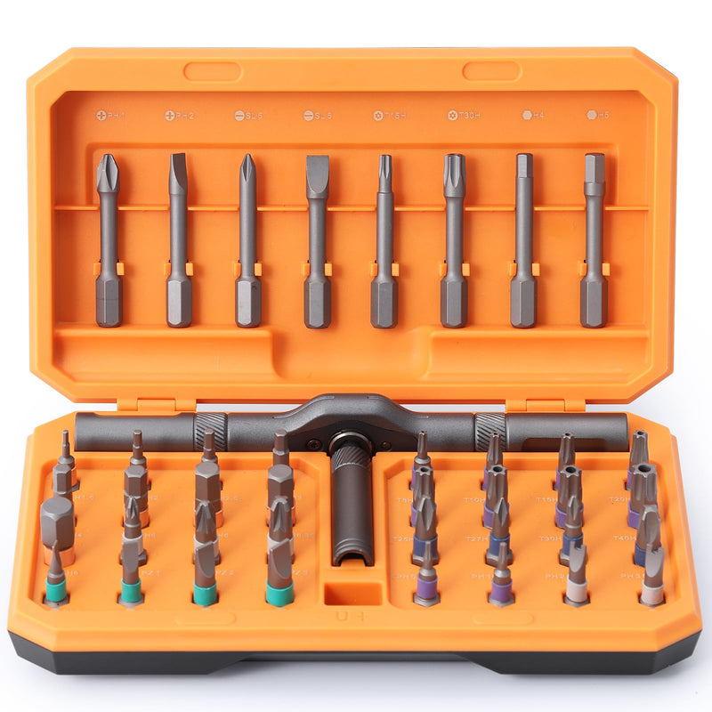42 in 1 Magnetic Screwdriver Set, DIY Ratchet Screwdriver Set, Multi Bit Magnetic Drive Set with Detachable Ratchet Handle, Portable Compact Repair Tool Kit for Home Furniture Computer Bicycle Orange