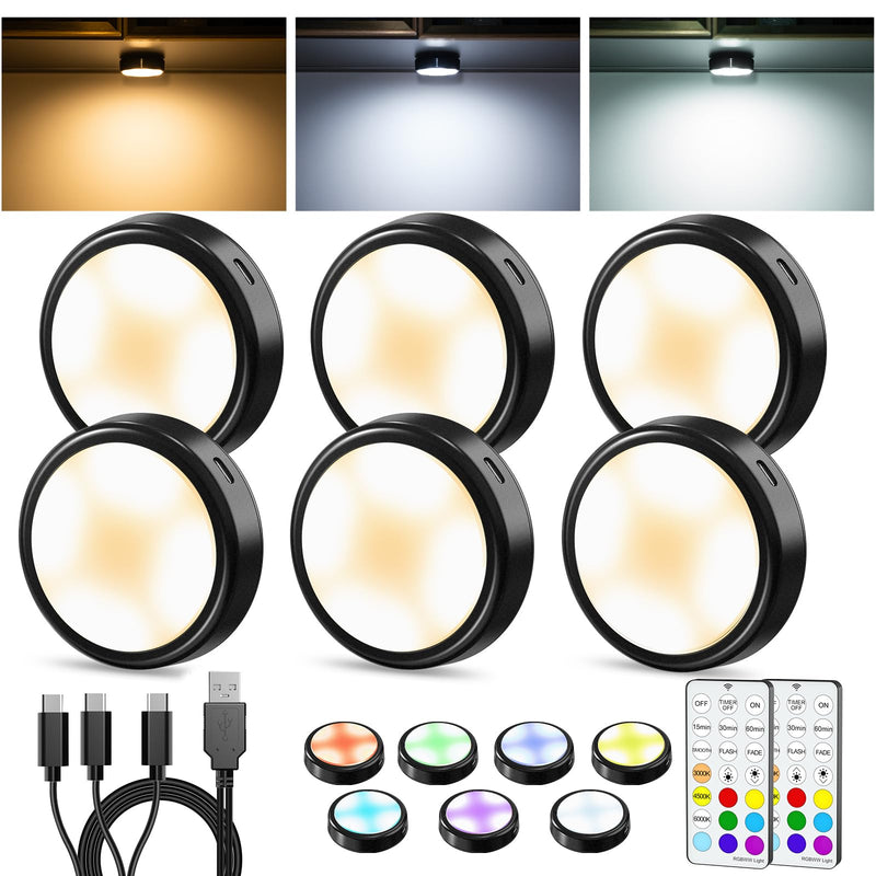 HOLKPOILOT Puck Lights with Remote,Under Cabinet Lights,2000mAh Battery Operated Closet Lights,Magnetic Under Cabinet Lighting Wireless, 3 Color Temps &7 RGB Colors，Black Rechargeable Puck Lights. Rechargeable-6pack-black