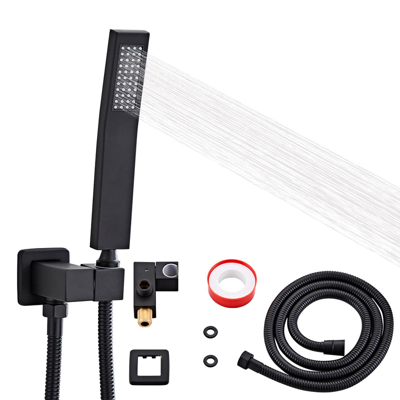 Bathroom Square Matte Black Solid Brass Hand Held Shower Head With Wall Connector and Hose System Wall Mount Handheld Showerheads Set
