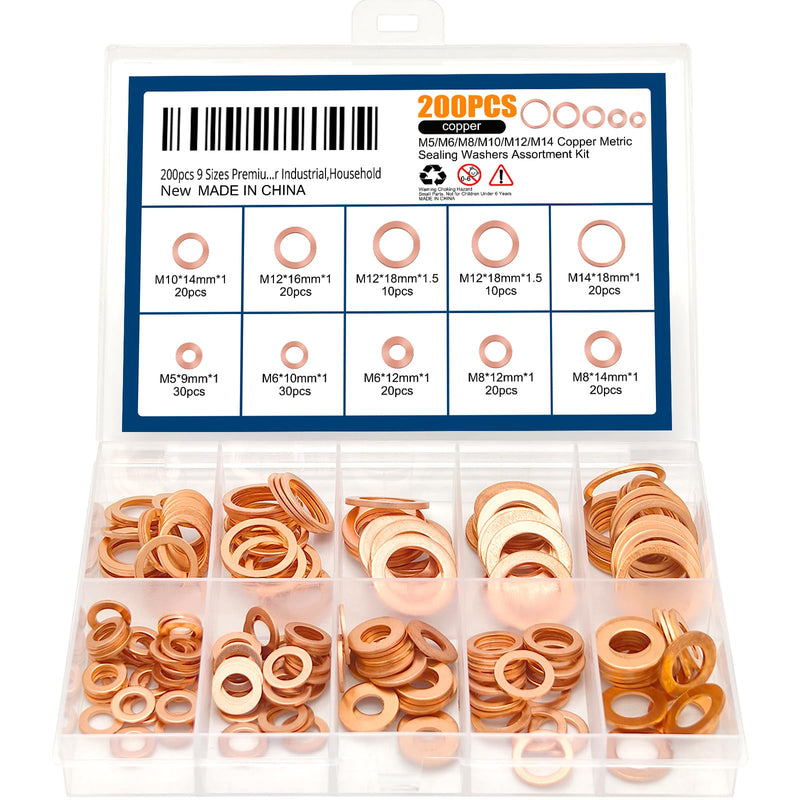 200pcs 9 Sizes Premium Copper Metric Sealing Crush Washers Assortment Kit,Flat Sealing Washer M5 M6 M8 M10 M12 M14,Flat Ring Sump Plug Oil Seal Gasket Sealing Fitting Washers for Industrial,Household