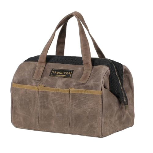 Tool Bag, 13-inch Heavy Duty 16oz Waxed Canvas Wide Mouth Water-Resistant Tool Bag, Tool Tote with Handle for Tools, Wrenches, Screwdrivers (13 X 7 X 9 inch) | Grey 13 Inch