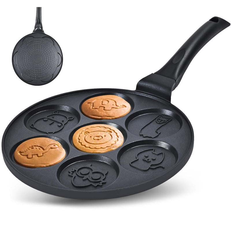 Pancake Maker Egg Frying Pan Suitable for All Stovetops & Induction Cooker, 10.5 Inch Animal Pancake Pan, 7 Molds Pancake Maker with PFOA Free Coating Black