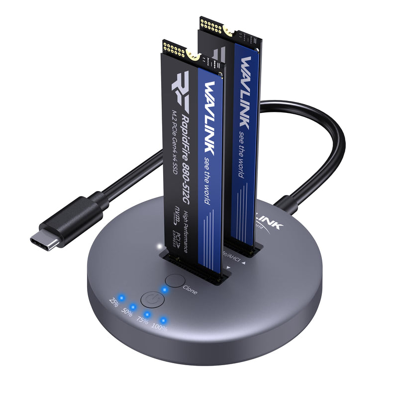 WAVLINK M.2 NVMe SSD Cloner Dock, 10Gbps Dual-Bay NVMe to USB-C/A Enclosure, Supports Offline Clone, UASP, Design for M-Key or M+B Key SSDs in Size 2230/2242/2260/2280/22110, SSD Not Include