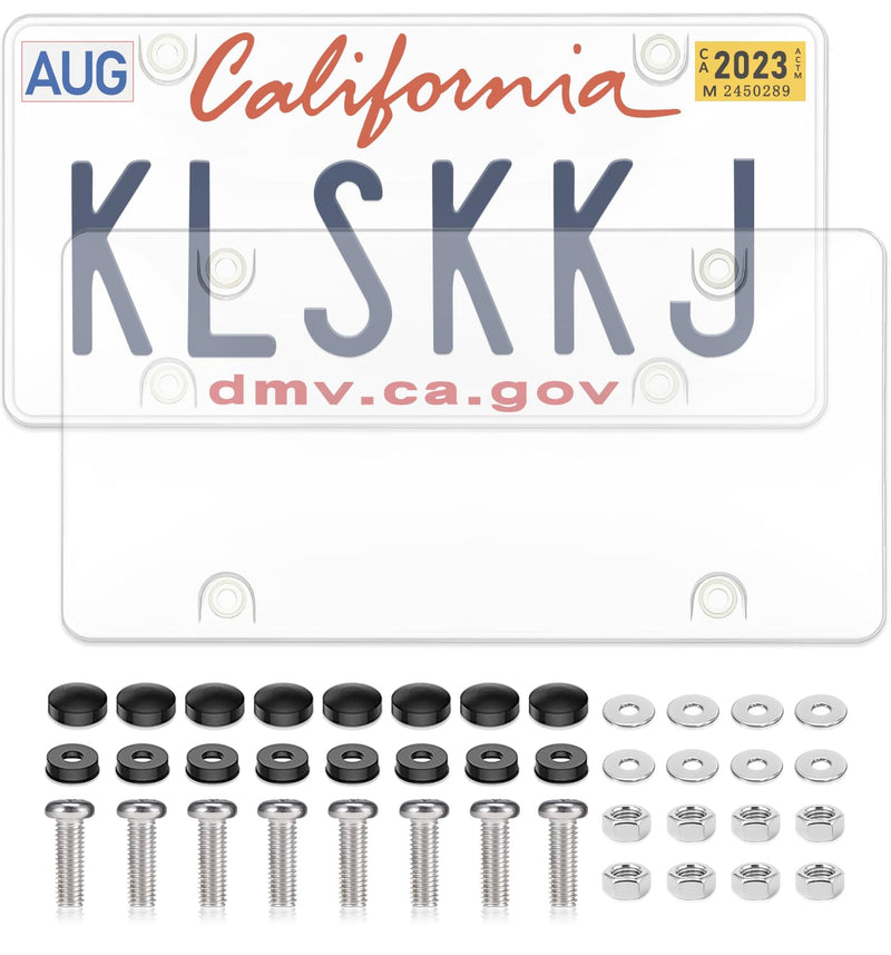 2 Pack Clear License Plate Covers, License Plate Protector Unbreakable Plastic Shields Tag Holder Fits Standard US Plate with Screws Caps