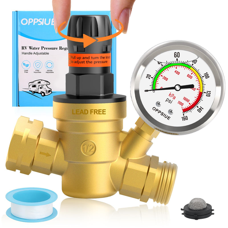 RV Water Pressure Regulator, Handle Adjustable Knob No Tool Required Pressure Regulator,Brass Lead-Free Water Pressure Reducer with Gauge for RV Camper Travel Trailer,Suitable for NH Thread stainless steel gauge