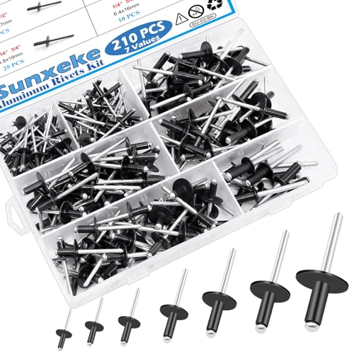 210PCS Black Pop Rivets Assortment Kit,Includes 7 Sizes Large Flange Aluminum Rivets (1/8 inch 3/16 inch 1/4 inch) for DIY, Automotive Repairs,and More.Assorted Blind Rivets with Case 210PCS