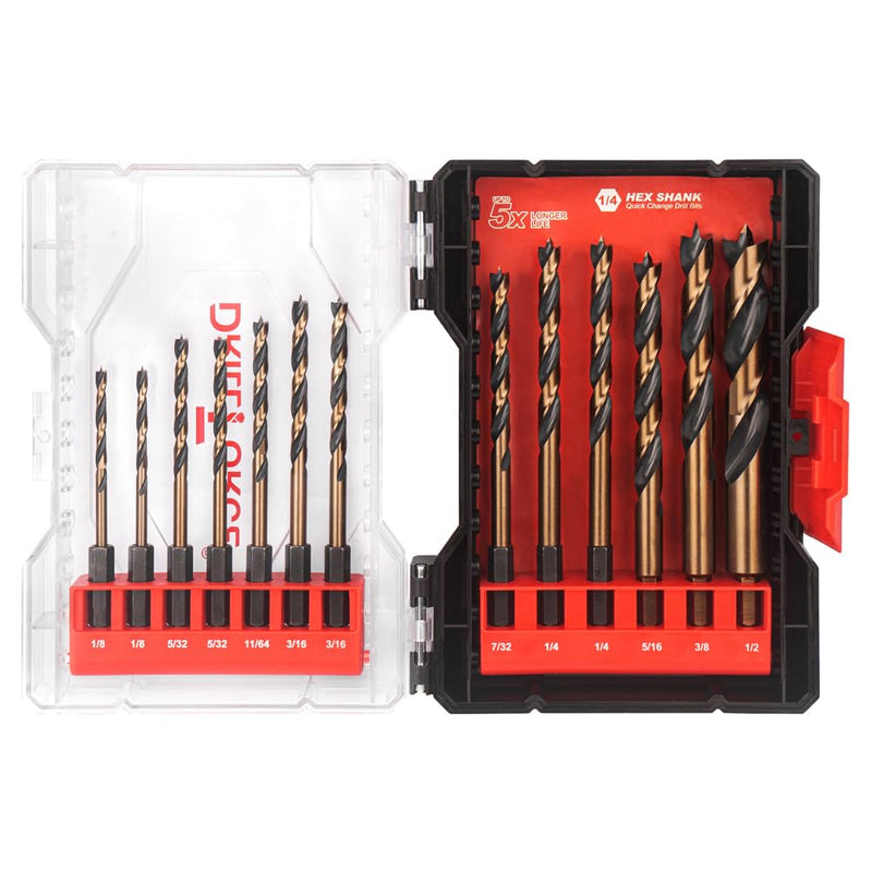 13PCS HSS Brad Point Wood Drill Bits Set for Carpenter Woodworking, 1/4" Hex Shank Black Gold for Hardwood, Plywood, Plastic 1/8"-1/2"