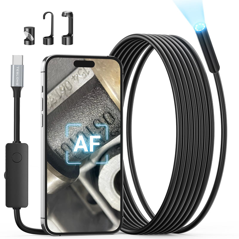 Teslong 2.0MP HD AF Auto Focus Borescope, 16.5ft Flexible Endoscope with Adjustable Lights, USB-C Inspection Camera for Plumbing, Automotive, Wall, for iPhone 15/16 & Android, Long Focus & Autofocus