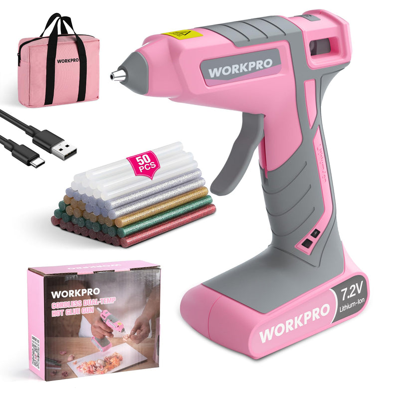 WORKPRO Cordless Hot Glue Gun, 30s Fast Preheating, 7.2V Dual-Temp Glue Gun Kit with 50pcs Glue Gun Sticks, Storage Bag, USB-C Charging Cord, 2600mAh Battery for DIY and Crafting Pink