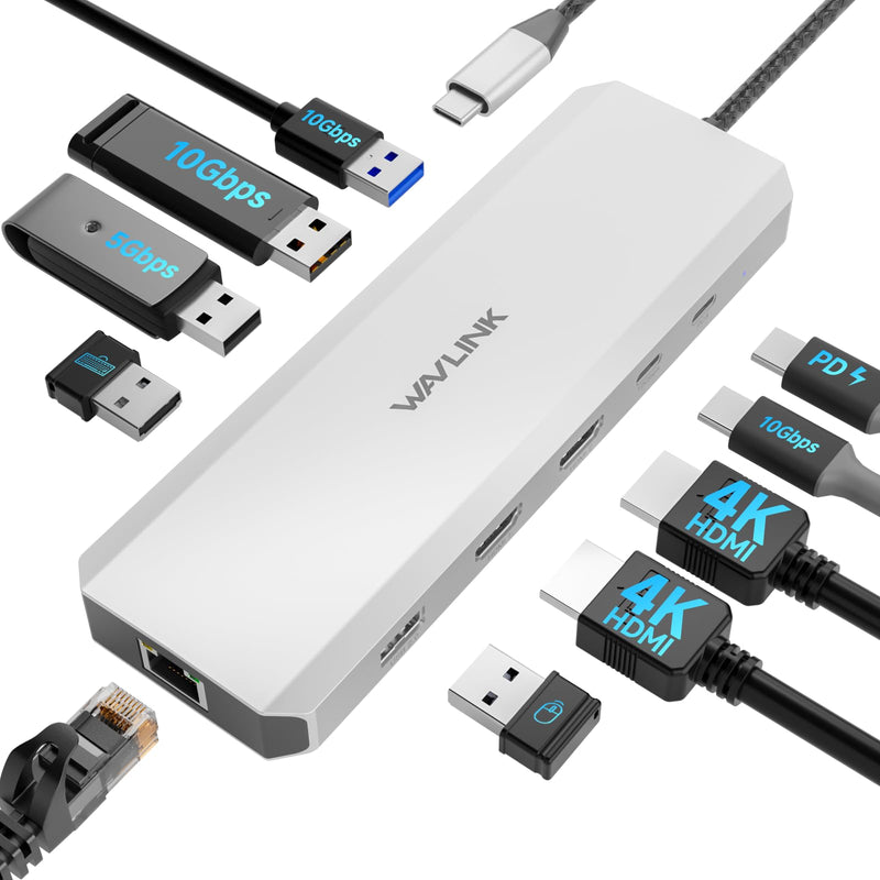 Laptop Docking Station, WAVLINK 10Gbps Docking Station with Dual HDMI, 100W PD in, 10Gbps USB-A/C 3.2, 5Gbps USB-A, USB2.0, Gigabit Ethernet for Dell/HP/Lenovo etc, Windows Systerm Computer Only sliver