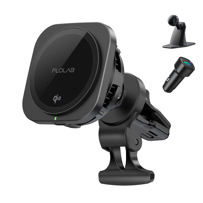 FLOLAB Qi2 15W Wireless Car Charger for iPhone 16/15/14/13/12 Qi2 Car Charger, Magnetic Vent Mount/Dashboard Mount Car Phone Holder, Fast Charging with Cooling Qi2 15W Fast Charging Kit 1