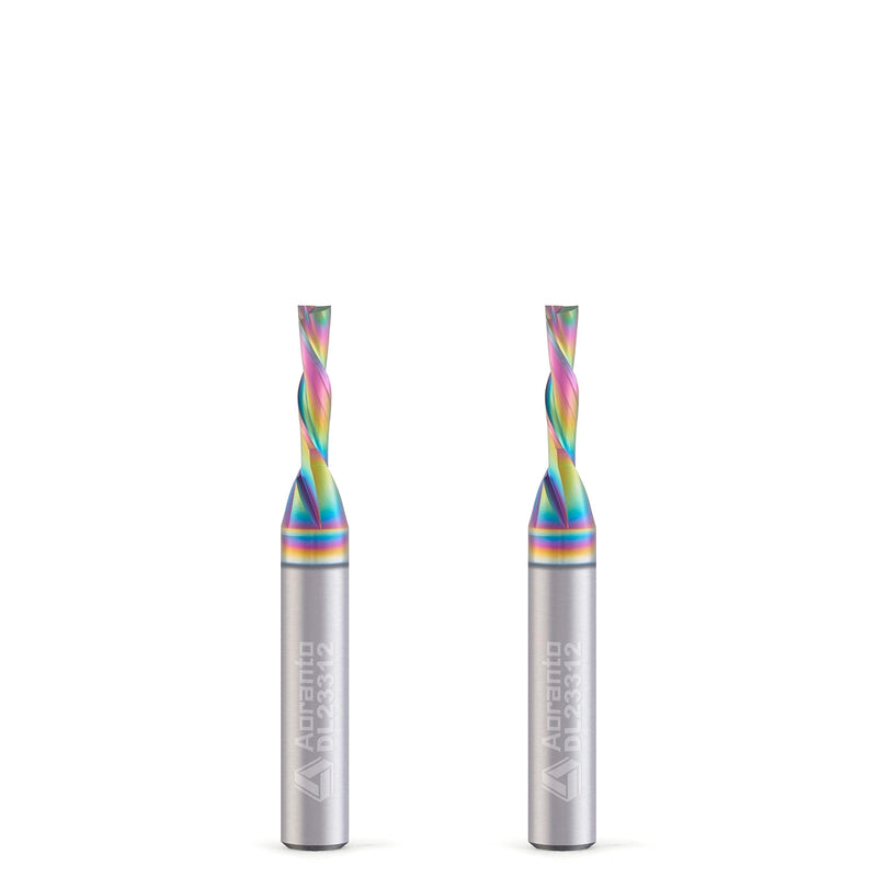 DL23312 1/8" Downcut Spiral CNC Router Bit 1/4" Shank, Industrial Quality Extra Long Life Coating Solid Carbide Down Cut End Mill for Wood Slot Engraving Carving, 1/8" Dia x 1/2" CL, 2 Pack 1/8"Dia x 1/2"CL x 1/4"SHK