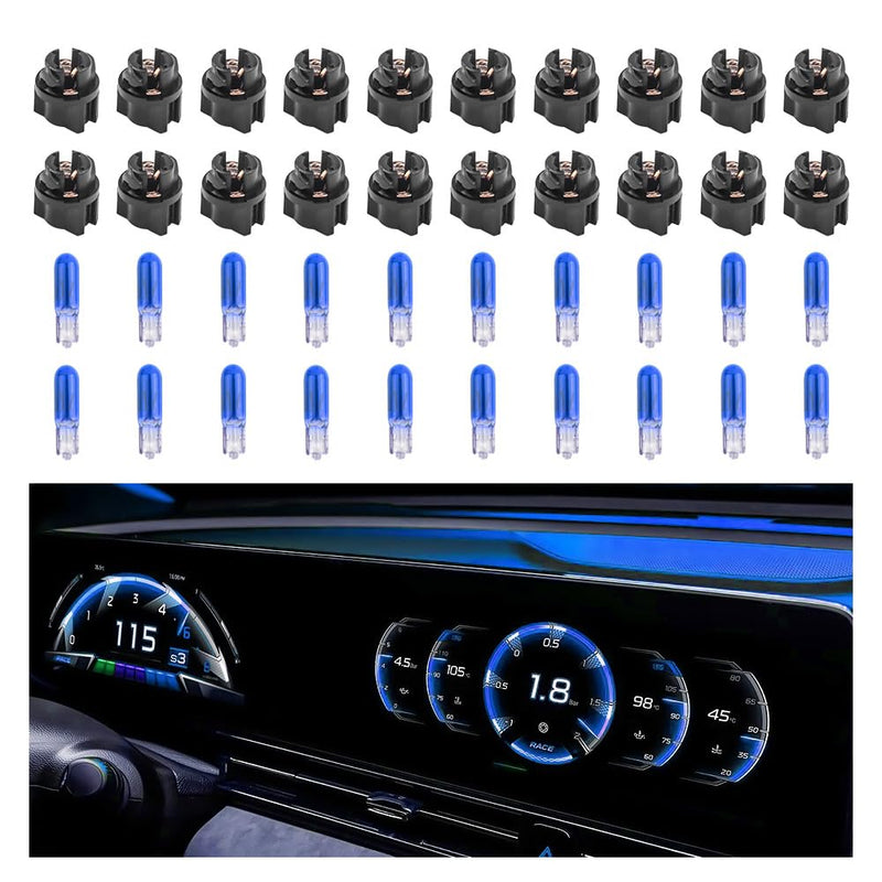 20PCS T5 17 57 79 86 Halogen Instrument Cluster Bulbs with 20PCS Bulb Sockets,12V Dash Light Bulbs for Speedometer,Tachometer,Gauge Cluster,Universal Car Dashboard Light Bulbs (Blue) Blue