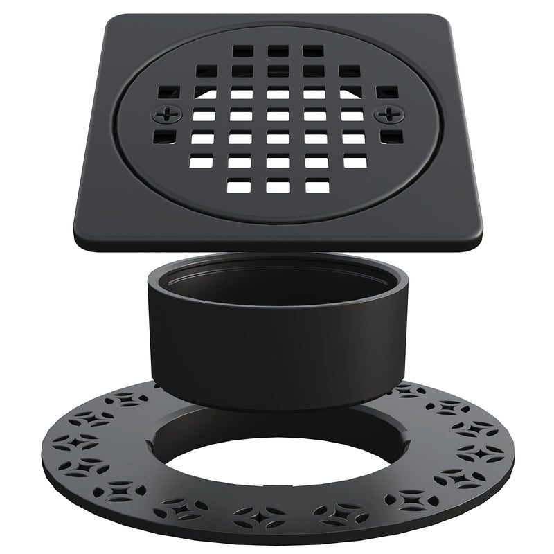 4” Drain Grate Kit - Compatible with Schluter Kerdi-Drain Flange - Shower Floor Drain Kit with Adjustable Collar - Removable Square Drain Set - SUS 304 Stainless Steel Grate - Matte Black 4 Inch Kit without Flange