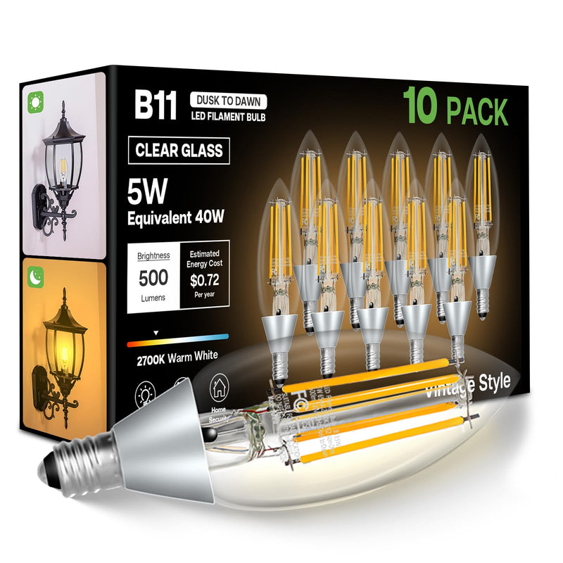 Dusk to Dawn Outdoor LED Light Bulb, 5W Equivalent 40W, Candelabra B11 Light Bulb, 2700K Soft White, Edison LED Bulbs E12 Base, Lighting Sensor, Auto On/Off for Porch Patio Garage, 10 Pack