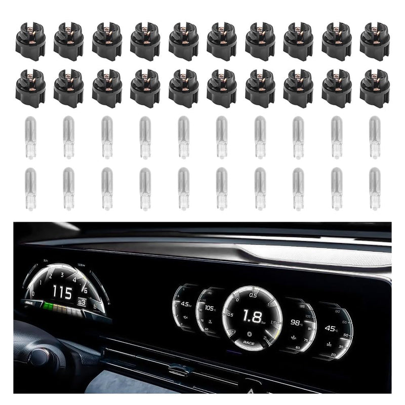 20PCS T5 17 57 79 86 Halogen Instrument Cluster Bulbs with 20PCS Bulb Sockets,12V Dash Light Bulbs for Speedometer,Tachometer,Gauge Cluster,Universal Car Dashboard Light Bulbs (White) White