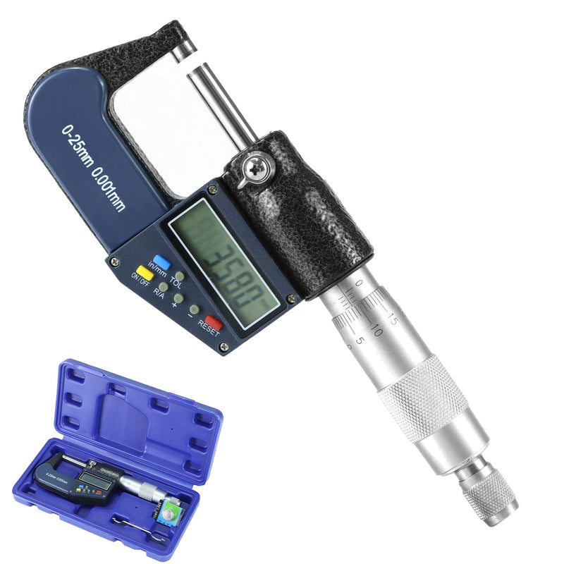 QWORK Digital Outside Micrometer with Carbide Tip, 0-1 Inch / 0-25 mm Measuring Range, High Accuracy ±0.002 mm, LCD Display