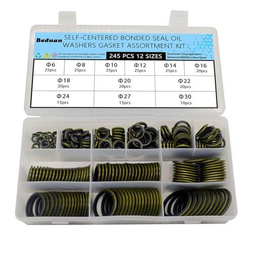 Beduan Bonded Sealing Washers, M6 to M30 12 Sizes NBR Metal Metric Rubber Pipe Seal Gasket Hydralic Oil Resist Automotive Combination O-Ring Assortment Kit (245PCS)