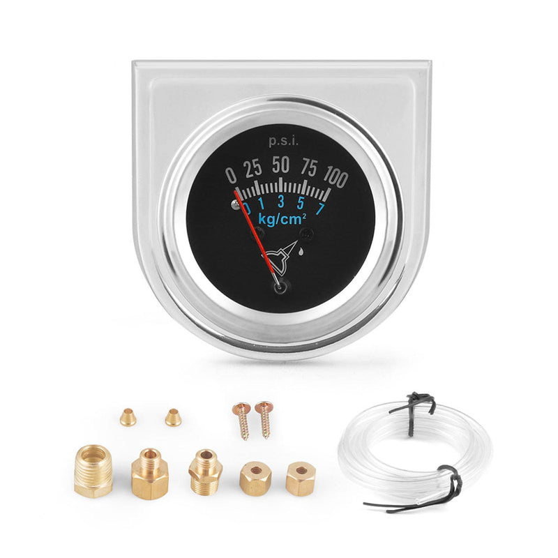 2''52mm Mechanical Oil Pressure Gauge Kit,0-100 PSI,0-7kg/cm², Universal Fit with M8*1 Threads,Chrome,Black