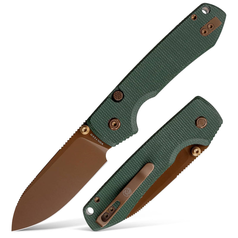 Vosteed Raccoon2.0 EDC Folding Pocket knives - Top Liner Lock, 3.25" Sandvik 14C28N Steel Rose Gold Blade, Green Micarta Handle for Camping Hiking - A2907 Green-Copper Dune