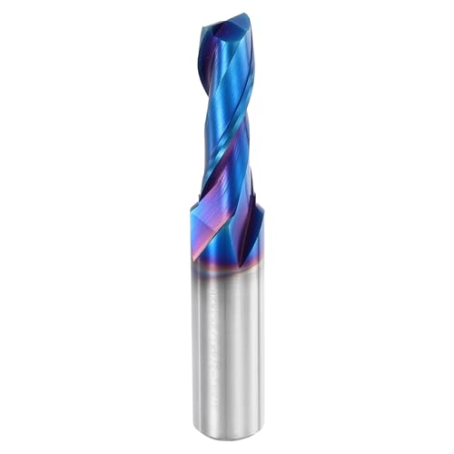 HARFINGTON Spiral Router Bit, 3/8" Cut Dia. Up Cut 2-Flute Solid Carbide End Mill with 1/2" Shank for CNC Wood Carving Engraving, 1-1/4" Cut Length, Blue Nano Coated 3/8" x 1-1/4" x 1/2" x 3"