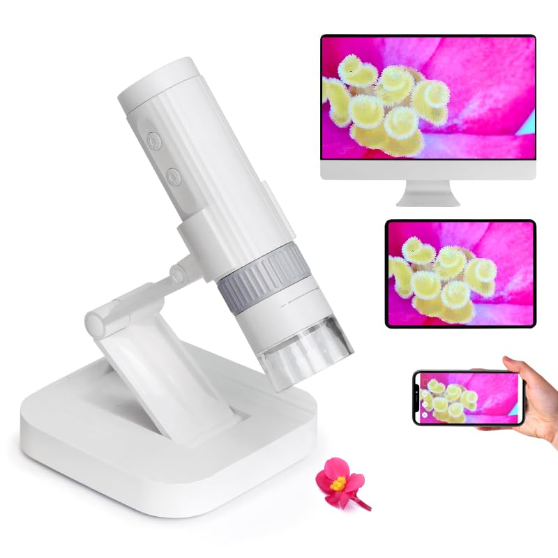 M2C Wireless Digital Microscope 50X-1000X Handheld Portable Microscope 1080P HD with Adjustable Stand, USB Coin Microscope Camera Magnifier Compatible with iPhone Android iPad & PC, White