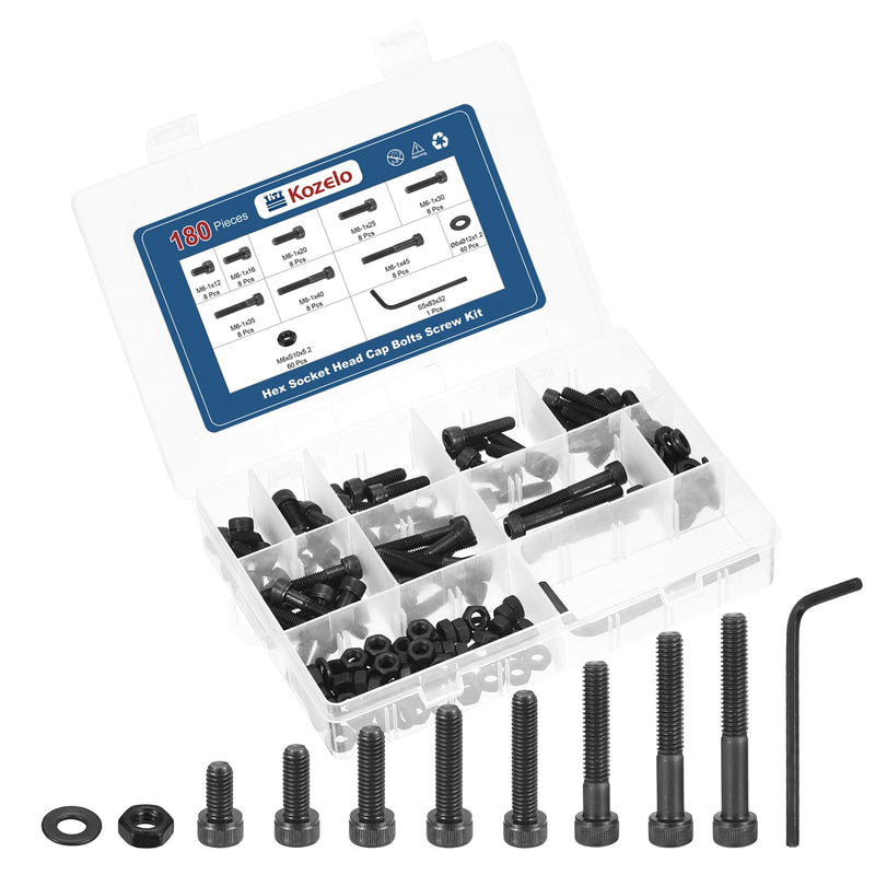 180pcs M6 Socket Head Cap Screws Bolts Nuts Assortment Kit - [M6x12/16/20/25/30/35/40/45mm] Alloy Steel Black Oxide 12.9 Internal Hex Screw for 3D Printer Use,with Wrench M6x12/16/20/25/30/35/40/45mm 180