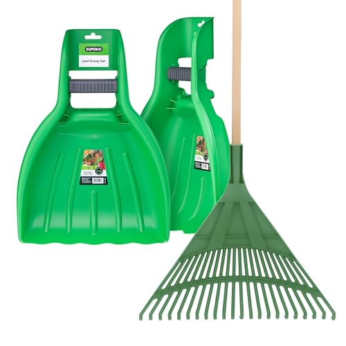 Leaf Collector & Adult Rake Set, Leaf Scoops & Rake for Leaf Picker Upper Gardening Lawn Care Hand Tools, 1 Lawn Cleaning Garden Rake & 1 Pair Leaf Scoop, Green Plastic Leaf Grabber, by Superio Adult Green Leaf Collector & Rake Set