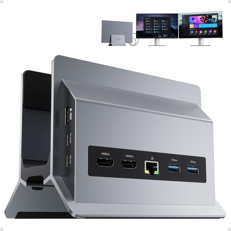 Laptop Docking Station Dual Monitor, 11 in 1 Vertical USB C Dock Stand with 2 HDMI 4K 60Hz, 3 USB A/C 10Gbps, 2 USBA 5Gbps, USB-A 2.0, Ethernet, PD 3.0 Docking Station for Type-C Laptops Grey