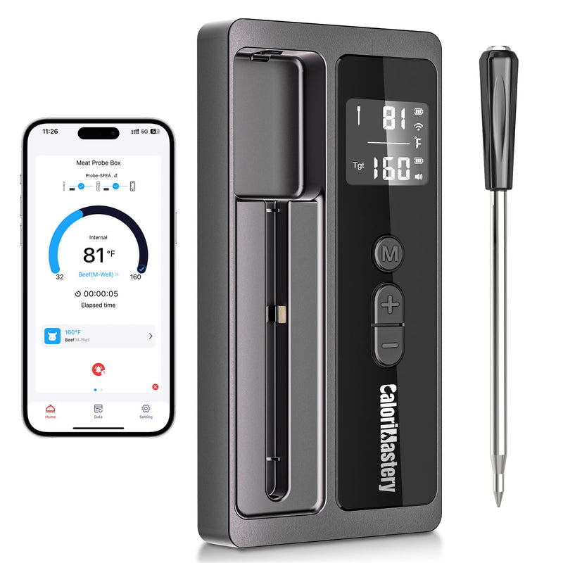Wireless Meat Thermometer: 500FT Bluetooth Smart Meat Thermometer for Cooking and Grilling, CaloriMastery Digital Food Thermometer with Ultra-Thin Probe for Oven Safe, Kitchen, Smoker, BBQ Black