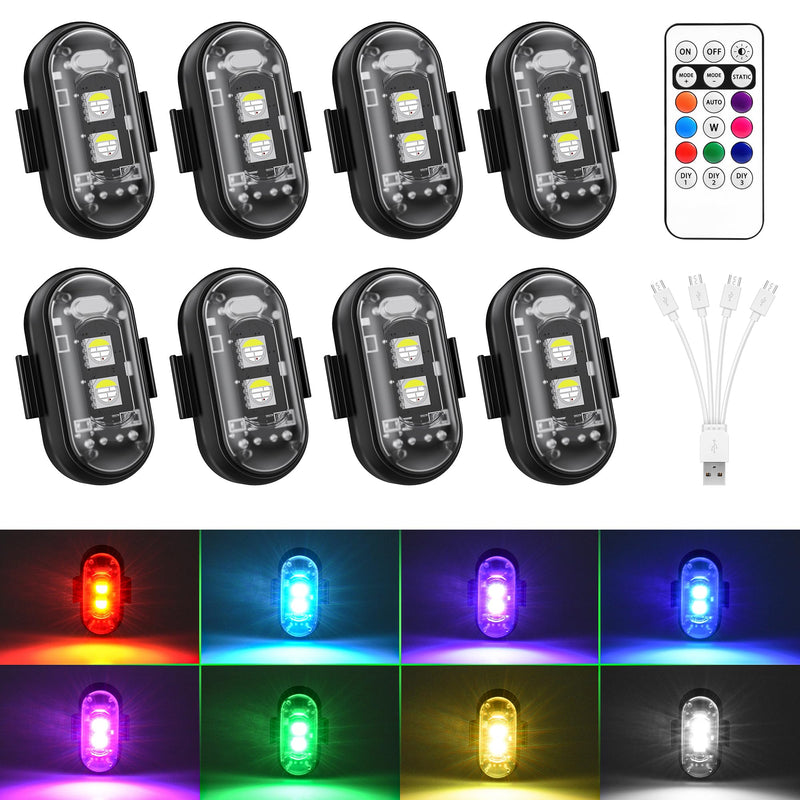Wireless RGB LED Aircraft Strobe Lights with Remote Control, 8 Colors 10 Flash Modes USB Charging Anti-Collision Lights Waterproof Emergency Warning Light for Drone Car Motorcycle Bike 8 Pcs 8Pcs