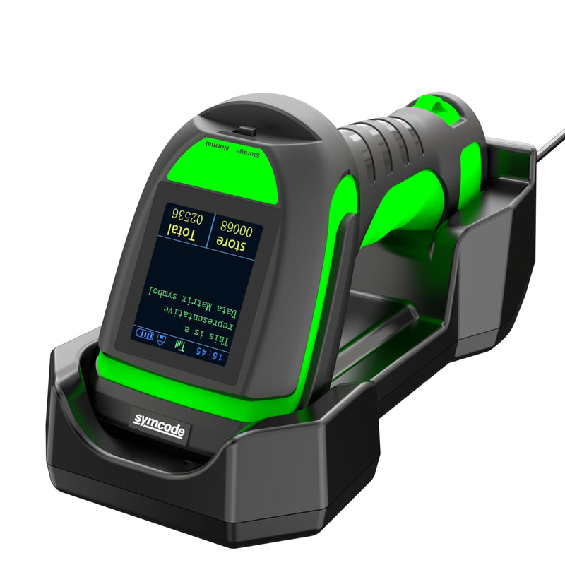 Symcode Upgraded 2D Barcode Scanner with Display Screen 1968 Feet Transmission Distance with Wireless Charging Cradle Bluetooth 433Mhz Wireless USB Wired Handheld Shock Dust Proof Bar Code Scanner