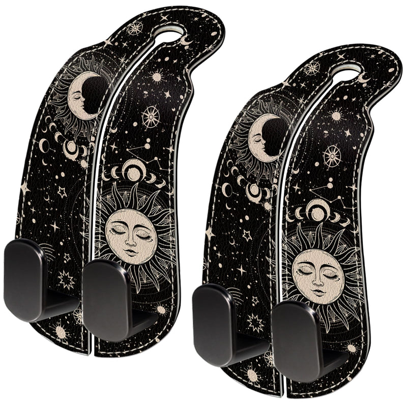 2PCS Car Seat Back Storage Headrest Hooks, Sun and Moon Purse Holder Bags Hanger, PU Leather Double Metal Hook for Backseat Organizer, Women Car Accessories Organization