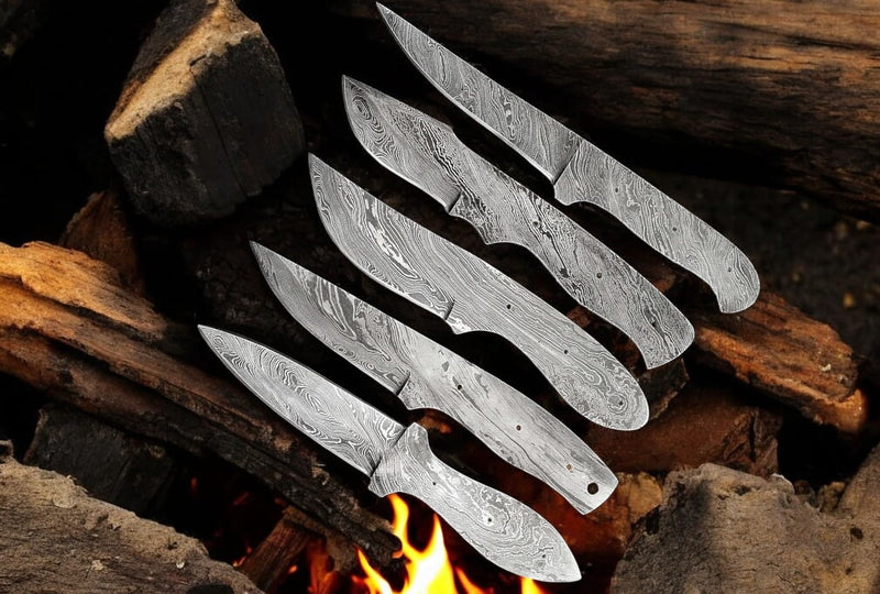 LOT OF 5 PIECES HAND FORGED DAMASCUS STEEL FULL TANG KNIFE BLANK BLADE KNIFE MAKING SUPPLIES (5 DIFFERENT PIECES SET) 5 DIFFERENT PIECES EACH OTHER KNIVES SET