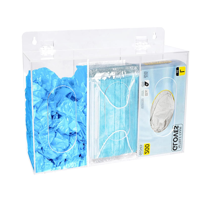 Face Mask Dispenser Box,3 Compartment Acrylic Gloves Holder Hygiene Station with Lid, Shoe Cover and Hairnet,Wall Mount Holes or Tabletop Holder Triple Layer-C