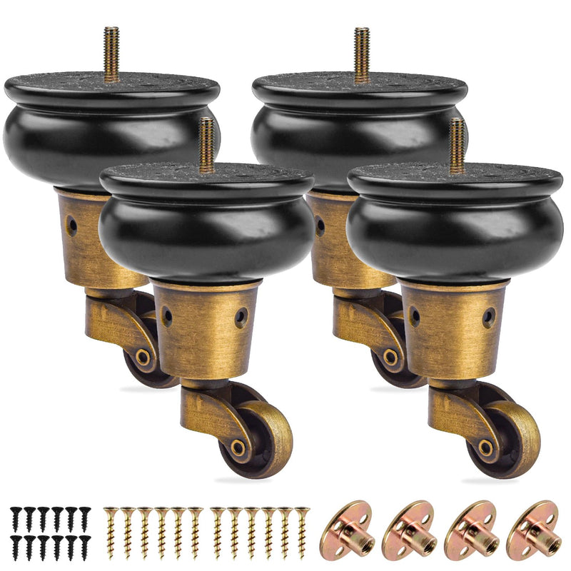 4 Inch / 10cm Wooden Furniture Legs with Castors, 4Pcs Walnut Solid Wood Cabinet Legs Round Gourd Wooden Turned DIY Replacement Bun Feet for Couch,Armchair,Chair,Recliner,Ottoman,Cabinet 4" (10cm) Type E Black