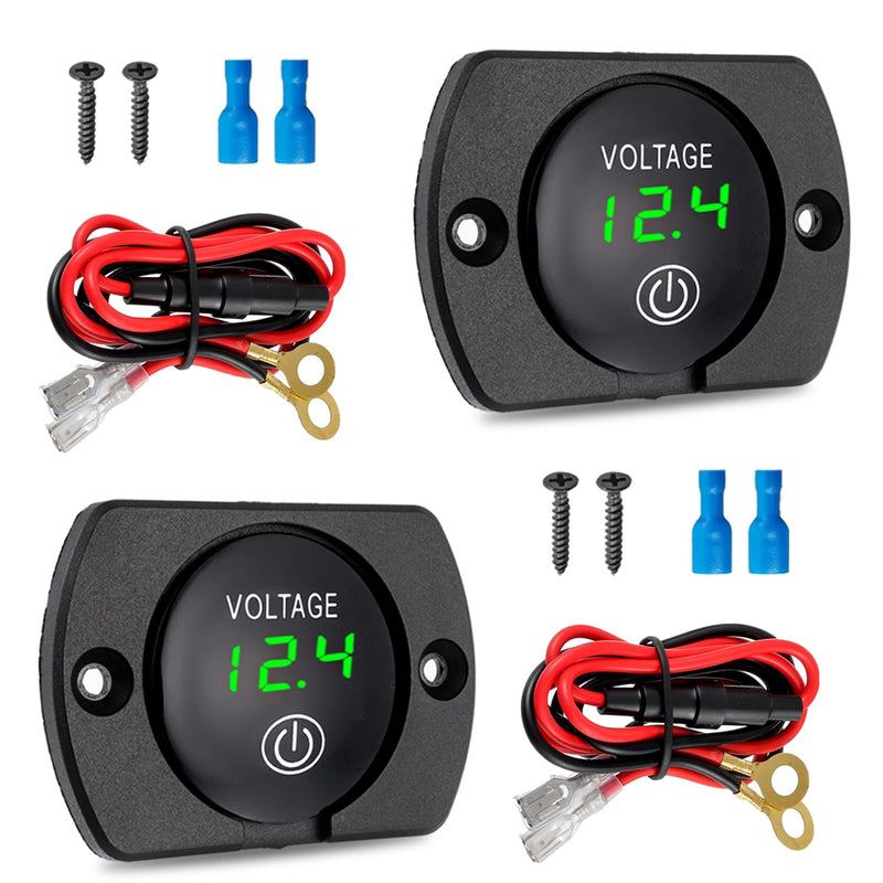 2 Pack DC 12V 24V Volt Meter Battery Voltage Gauge Digital Gauge Waterproof Voltmeter with Touch Switch and Mounting Plate Round for Boat Marine Motorcycle Truck(Green Light) Green