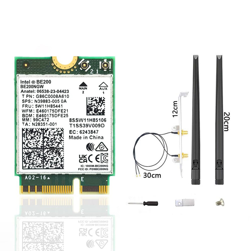 WiFi 7 BE200 NGW Wireless Card, Tri-Band 6GHz/5GHz/2.4GHz M.2 NGFF Bluetooth 5.4, Includes Ipex Cable, 8dBi Antennas and Brackets Support Windows 10/11(64 bit)/Linux, Not Support AMD. (with Antennas) with Antennas