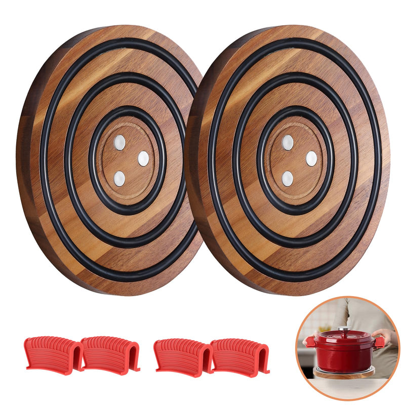 2 Pcs Magnetic Wooden Trivets, Acacia Wood with Black Silicone Rings, Magnetic Pot Holder for Le Creuset Enameled Cast Iron Dutch Oven & Cast Iron Skillets, Wood Trivet