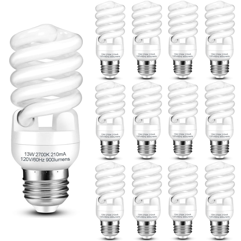 CFL Light Bulbs E26 Base, T2 Spiral 13Watt (60Watt Equivalent) Soft White 2700K 900lm Compact Fluorescent Light Bulbs, UL Approved, 120v 60Hz, Self Ballasted CFL Bulbs, Pack of 12