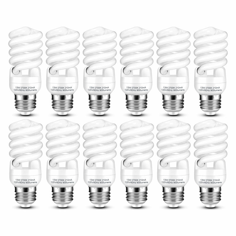 E26 CFL Light Bulbs 13Watt, T2 Spiral Soft White 2700K 900lm E26 Medium Base Compact Fluorescent Light Bulbs, UL Approved, 120v 60Hz, Self Ballasted CFL Bulbs (60Watt Equivalent), Pack of 12