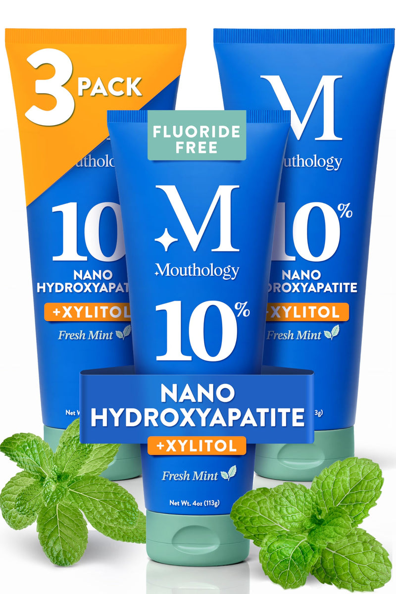 Mouthology 10% Nano Hydroxyapatite Toothpaste (3pk, Fluoride Free), Whitening*, Supports Enamel Care*, Appropriate for Sensitive Teeth*, SLS Free, Xylitol nHA Toothpaste Adults, Mint 4oz (USA Made) Fresh Mint 4 Ounce (Pack of 3)