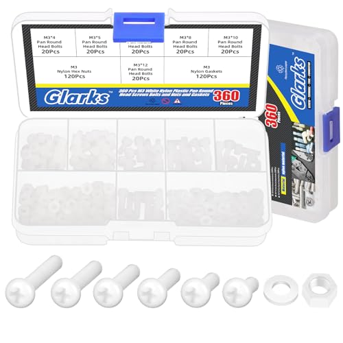 Glarks 360pcs M3 x 4/5/6/8/10/12MM Nylon Phillips Pan Head Screws Nut Washer Kit, White Nylon Phillips Cross Round Head Machine Screw for Various Industrial Fastening Applications