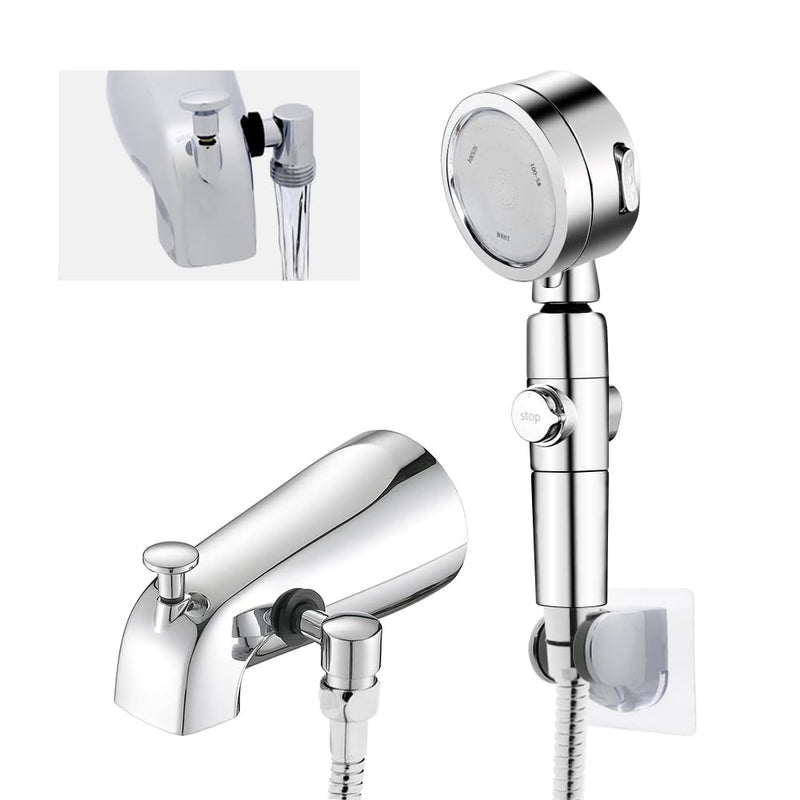 Chrome Tub Spout with Diverter slip fit 1/2 inch Copper Tube, High Pressure filtered Handheld Shower with 3 Spray Modes On/Off Switch, 59 inch hose, Bracket, No Drill Required Install Shower set