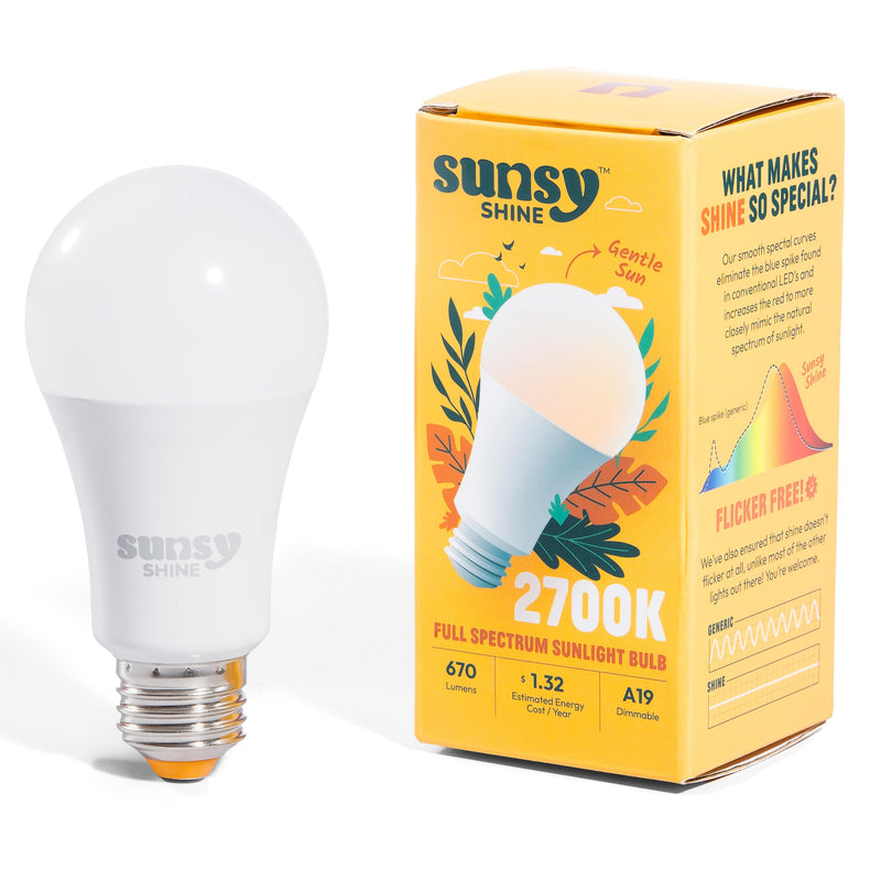 sunsy Shine A19 Full-Spectrum LED, 2700K Soft White, CRI 97, Flicker-Free | E26 base, dimmable, 670 lm at 11W, ETL & FCC certified, low-EMF, no UV or IR, 25,000-hr lifespan, 3-yr warranty, US-based