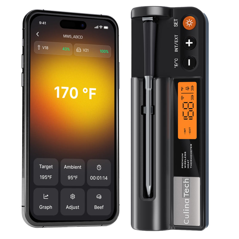 CulinaMeter One: 700FT Wireless Meat Thermometer with LCD Screen, Digital Cooking Food Thermometer for Beef Lamb Turkey, Dual Sensor Measures Internal & Ambient Temp 1 Probe Black
