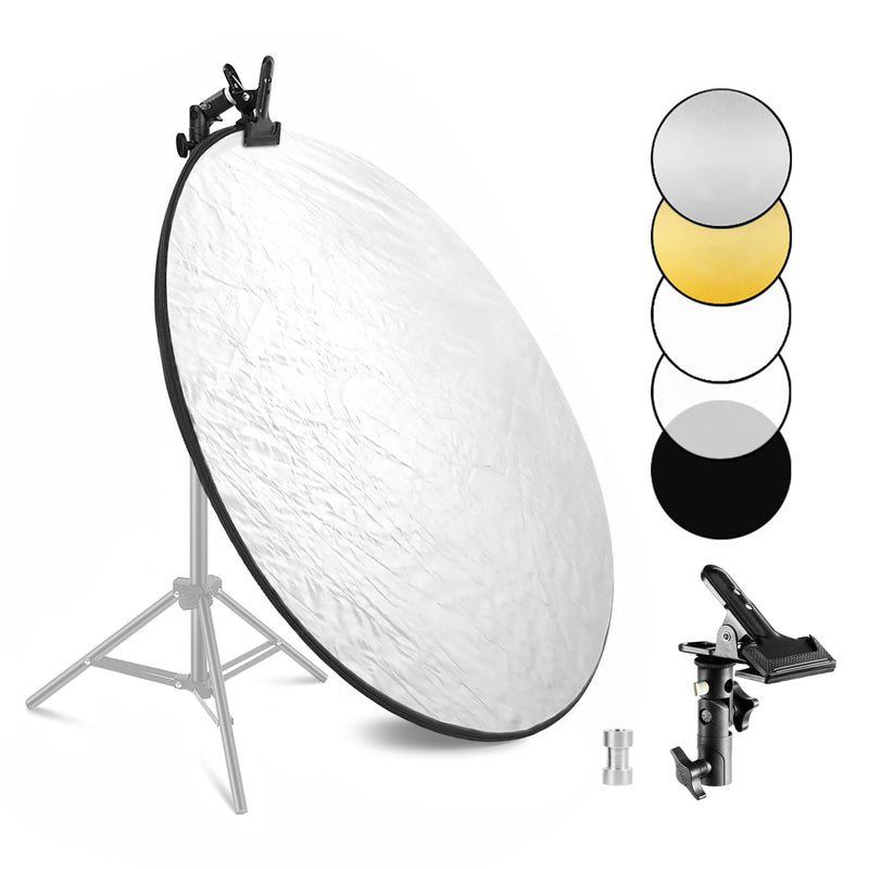 Selens Portable 43inch/110cm Light Reflector with Clamp,5 in 1 Collapsible Multi Disc Photography Reflector Translucent,Silver,Gold,White,Black for Studio Photography Lighting and Outdoor Lighting 5 in 1 43inch with clamp