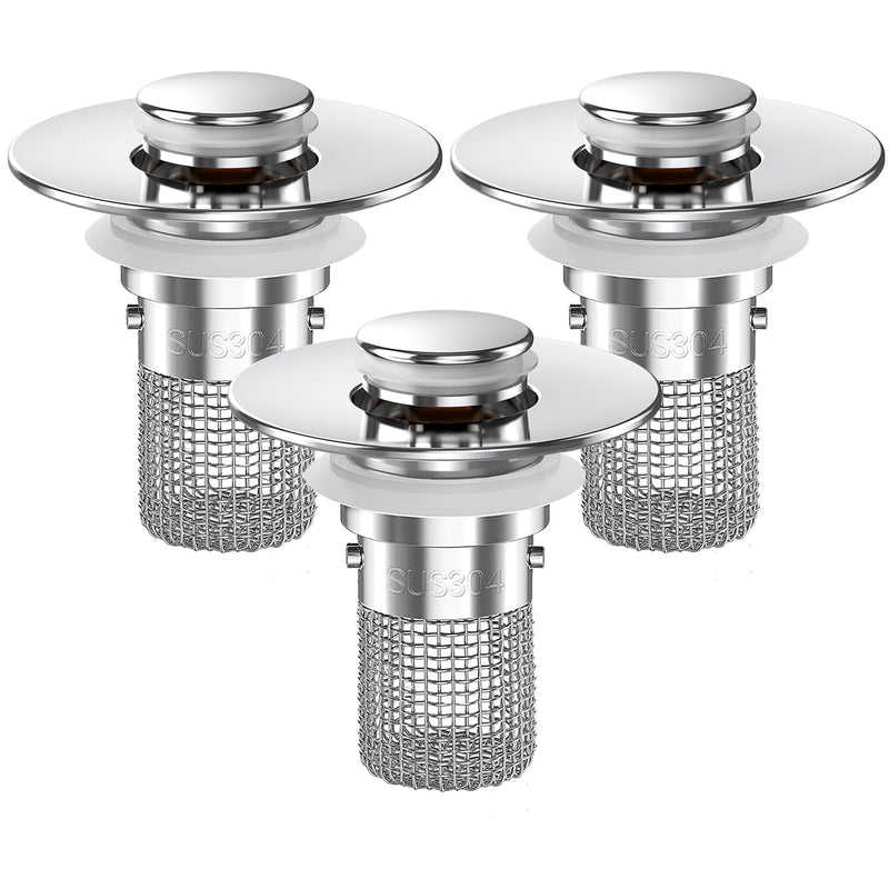 Bathroom Sink Drain Strainer, Pop-up Sink Drain Strainer with Removable Stainless Steel Strainer Basket Hair Catcher, Bathroom Sink Strainer for Bathroom Sink Stopper Replacement (3PCS) Sliver-3