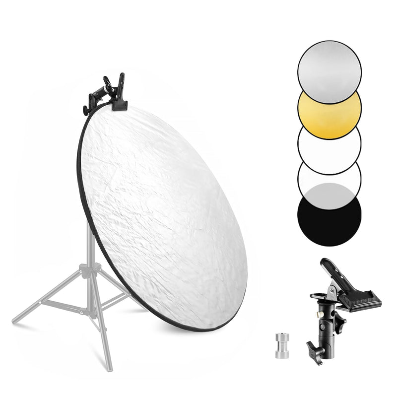 Selens Portable 24inch/60cm Light Reflector with Clamp,5 in 1 Collapsible Multi Disc Photography Reflector Translucent,Silver,Gold,White,Black for Studio Photography Lighting and Outdoor Lighting 5 in 1 24inch with clamp